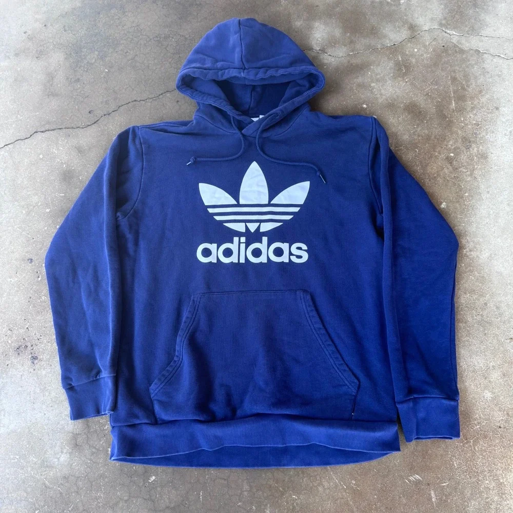 Adidas Trefoil Hoodie Mens Large Navy Blue Excellent Pullover Logo Sweatshirt